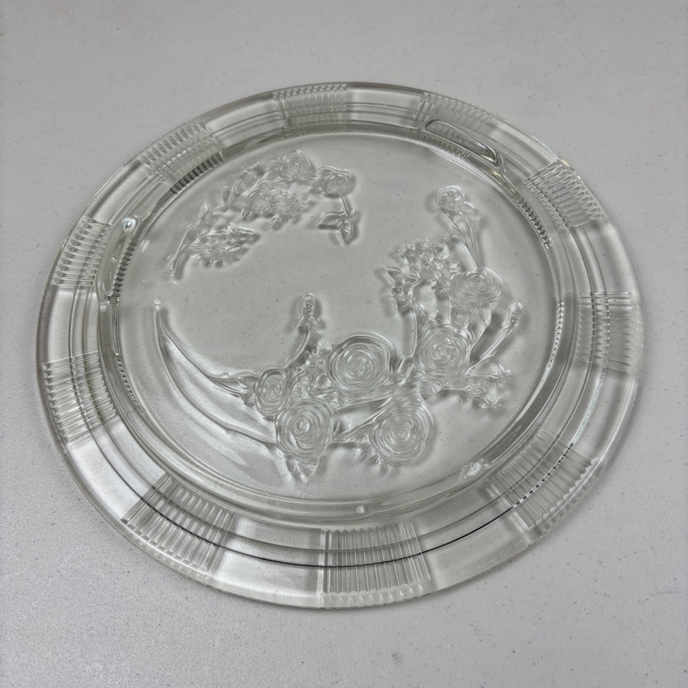 Floral clear glass cake or serving plate, footed, serveware, party, holiday